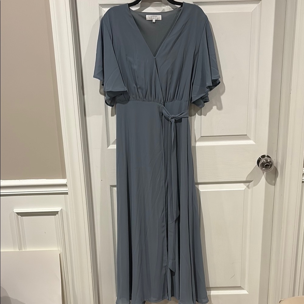Arbor Slate Blue Wrap Maxi Dress with Flutter Sleeves
